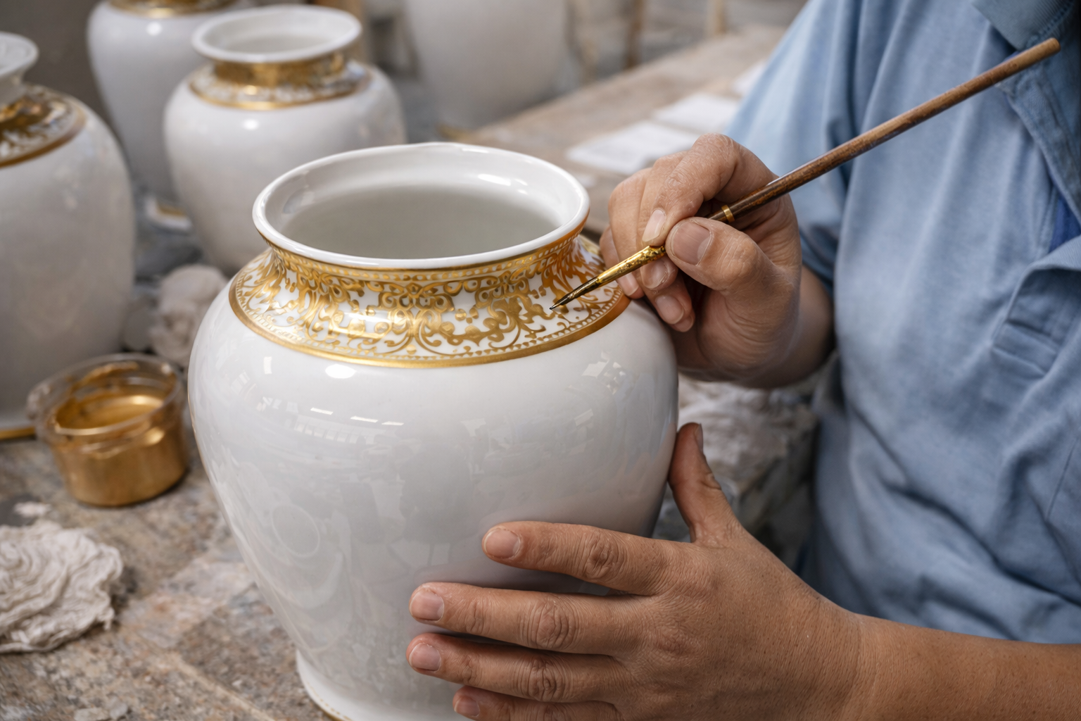 A decorator applying a gold tip to the rim of a ceramic mug