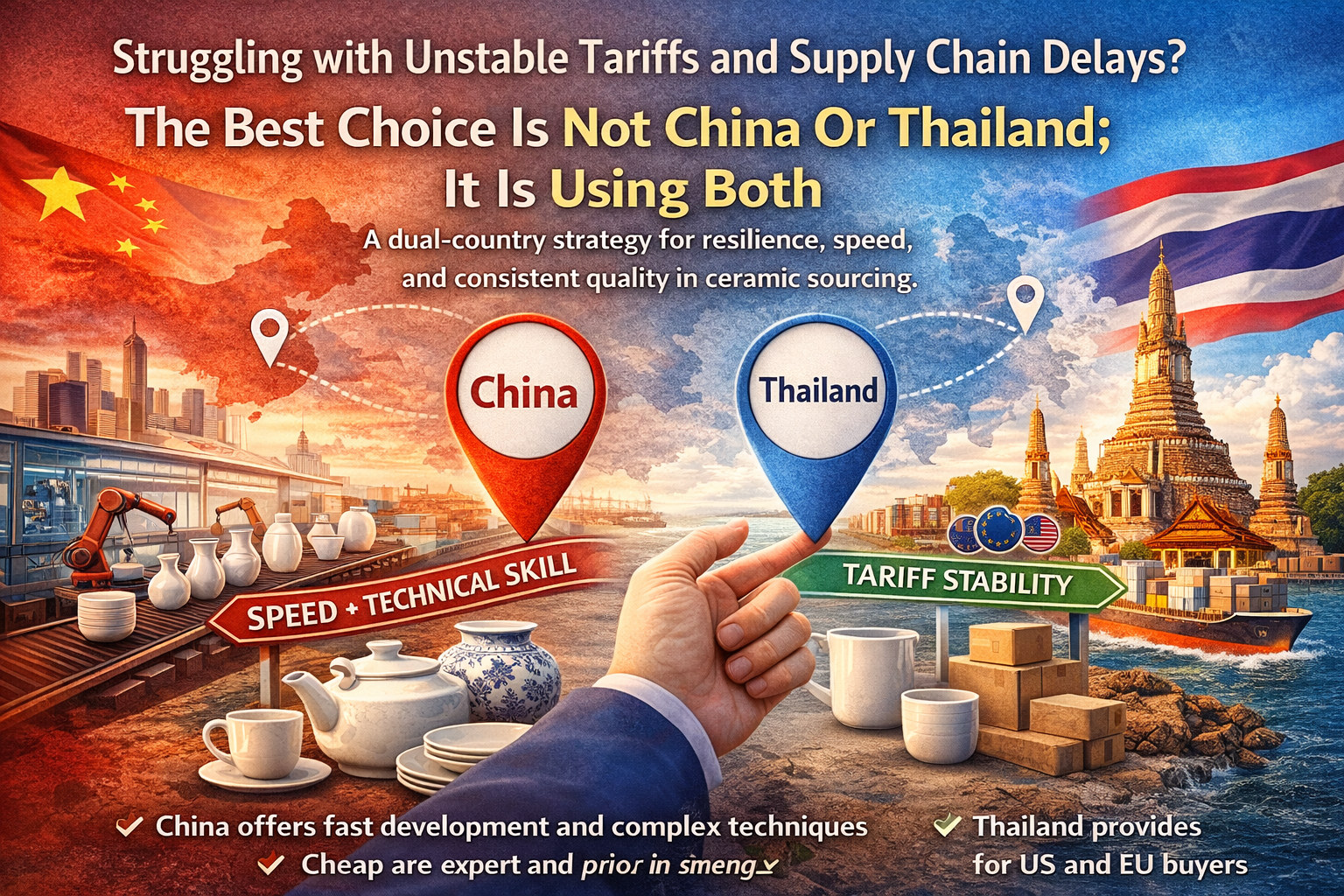 Two factory workers from different countries shaking hands