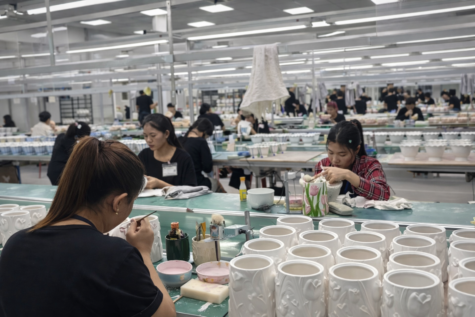 Detailed ceramic decal application in a Chinese factory